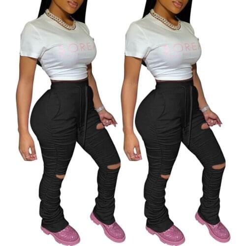 High Waist Sweatpants Ruched Flare Pants Women Clothes Hole Streetwear Joggers 2020 Elastic Summer Leggings Bell Bottom Trouser