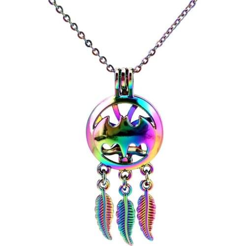 C799 Rainbow Color Dream Catcher Beaty Bat Wing Leaf Cage Pendant Aroma Essential Oil Diffuser Locket Necklace