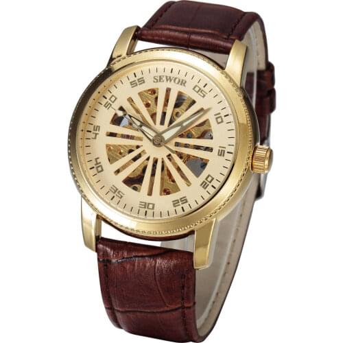 Relogio masculino SEWOR Top Brand Luxury Mens Watches Gold Skeleton Automatic Mechanical Watches Men Fashion Leather Watch