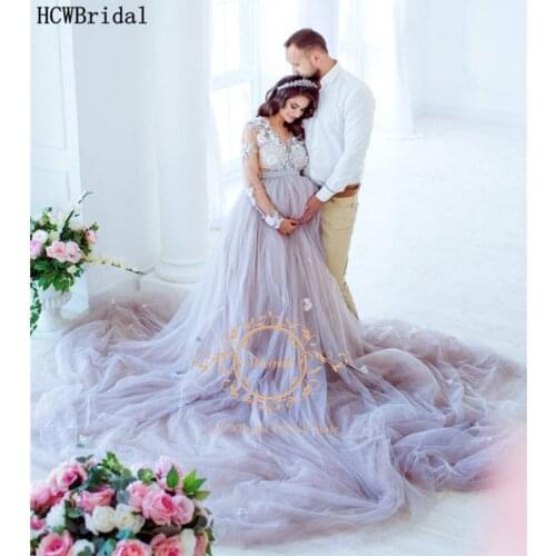 Long Train See Through Pregnant Women Evening Dress Long Sleeves V Neck Plus Size Lace Tulle Women Formal Dresses For Photoshoot