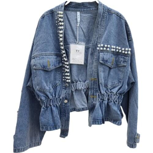 Women Sweet Pearls Denim Crop Jacket Womens Plus Size Coats Streetwear Pleated Slim Loose Cropped Jean Clotes Korean LT936S50