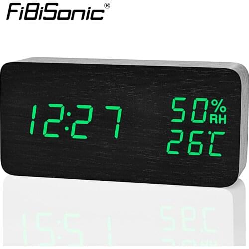 FiBiSonic Wooden LED Voice Control Alarm Clock Despertador Temperature Humidity Electronic Desktop Digital Table Clocks