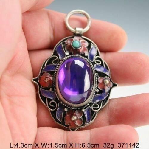 Beautiful Vintage Handwork Tibetan Silver Pendant, Inlaid with Artificial Purple Zircon and Flower