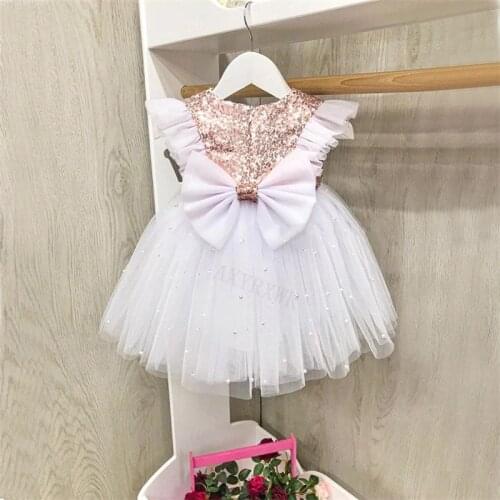 1-6Y Girls Princess Sequins Pearl Lace Tulle Dress Birthday Wedding Party Kids Bowknot Christening Dresses for Children Clothes