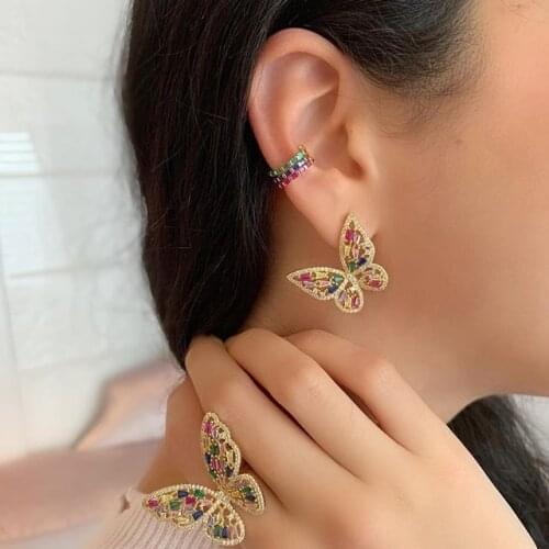 Summer New fashion Luxury stunning Women Jewelry Gold color baguette pink white rainbow cz pave Beautiful Butterfly stud earring