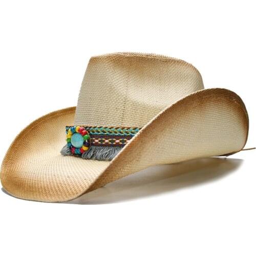 LUCKYLIANJI Womens Mens Summer Straw Beach Cowboy Western Cowgirl Fedora Hat Tassel Turquoise Bead Leather Band (58cm )