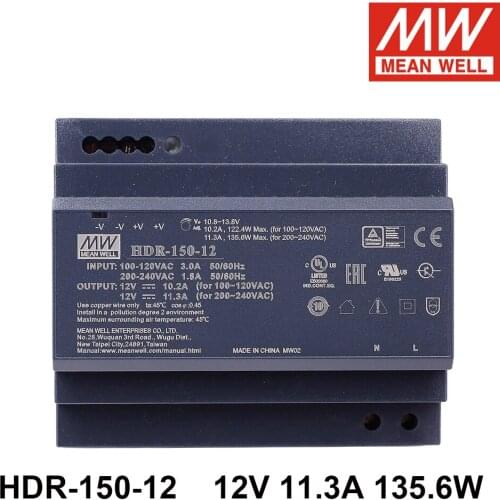 Mean Well HDR-150-12 85-264VAC To DC 12V 11.3A 135.6W Ultra Slim Step Shape DIN Rail Switching Power Supply Voltage adjustable