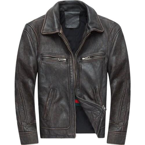 2017 New Men Retro Vintage Brown Genuine Leather Jacket Fashion Motorcycle Jackets Thick Cowhide Winter Coats