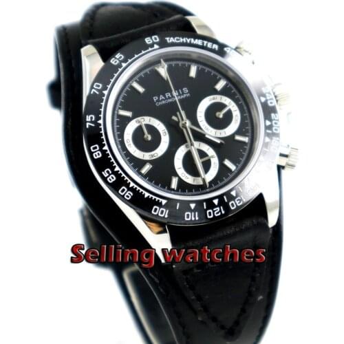 39mm PARNIS black dial sapphire cermaic bezel full Chronograph quartz mens watch