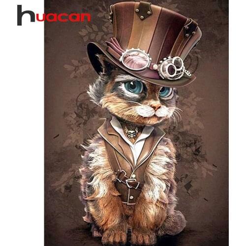Huacan 5d DIY Diamond Painting Full Square/Round Cat Hat Mosaic Diamond Embroidery Beads Sets Animal Paintings On The Wall