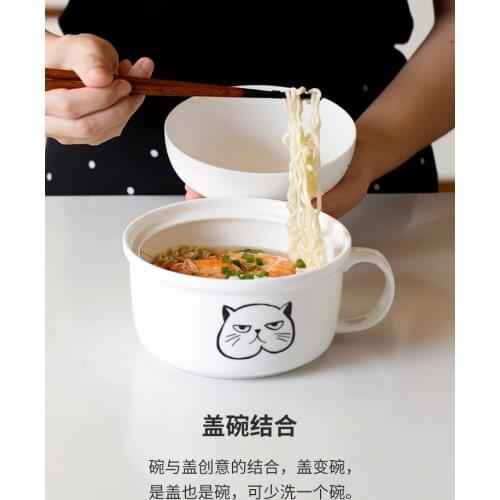 Nordic creative cartoon cat household ceramic soup noodle bowl with cover Japanese rice pasta large size cup