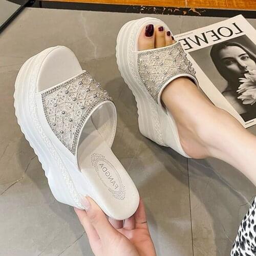 2021 Newest Crystal Wedge Heels Super High Heels Leisure Summer Sandals Women Slippers Platform Heels Slides Fish Mouth Slippers