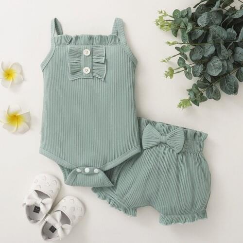New Summer Casual Baby Clothes Infant Baby Girls Sleeveless Sling Pure Color Hanging Romper + Bow Shorts Set Vêtements de bébé