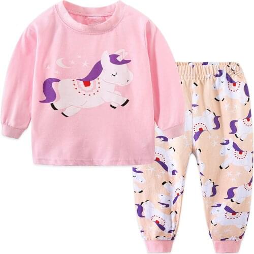 27kids Girls Cotton Pajamas Sets Toddler Babys Home Clothes Cartoon Unicorn Pattern Long Sleeve Sleepwear
