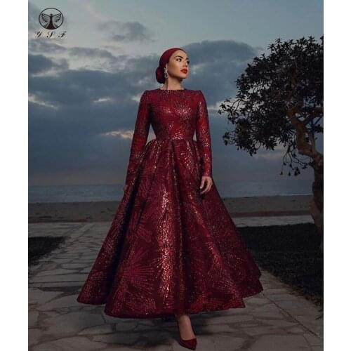 Muslim Prom Dresses Burgundy O Neck Bling Bling Glitter Fabric Long Sleeve Pleated Ankle Length Vestidos De Fromature