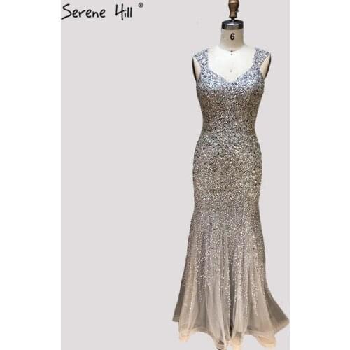 Luxury Diamond Sequined Tulle Sparkle Evening Dresses Long Dubai Design Sleeveless Evening Gowns 2020 Serene Hill LA6138