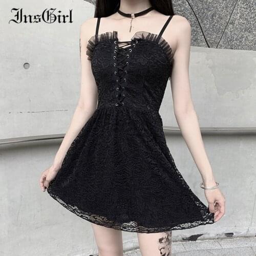 InsGirl Sexy Gothic Dress Women Lace Up High Waist Lace Patchwork Strapless Dress Harajuku Street Dark Black A-line Punk Dress