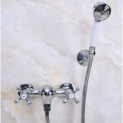 Modern Wall Mount Polished Chrome Brass Bathroom Hand Shower Faucet Mixer Tap Set Telephone Shape Hand Spray Shower Head ana279