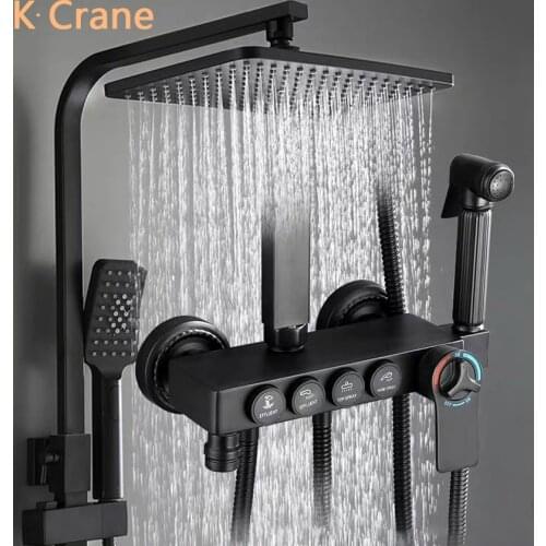 Thermostatic Shower Set Bathroom Wall Mounted Shower Set Hot Cold Mixer Rainfall Bath Faucet Square Head White SPA Copper Tap