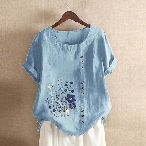 Woman Tee Shirt Femme Women O-neck Short Sleeve Floral Print Buttons Cotton Linen Vintage Top Women Clothing Blusas Y Camisas