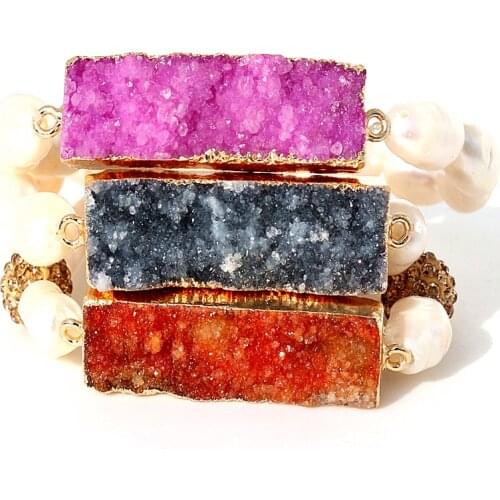 Natural crystal pendant &shell bead bracelet gold color raw quartz druzy stone bracelet for women