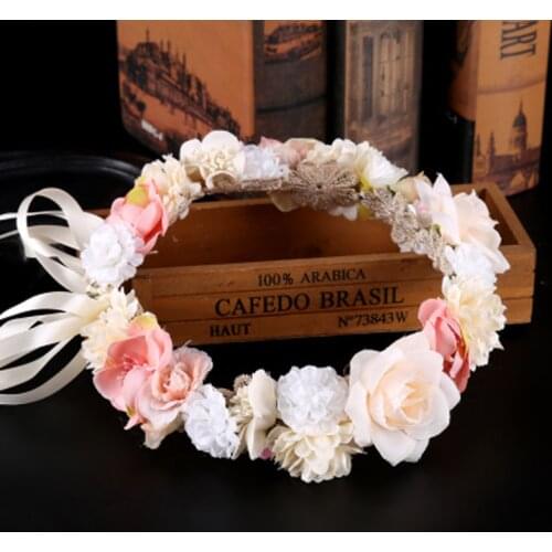 Handmade Pink Flower Wreath Headbands Hair Jewelry For Women Wedding Bridal Tiara Crown Hairband Princess Girls Hair Accessories