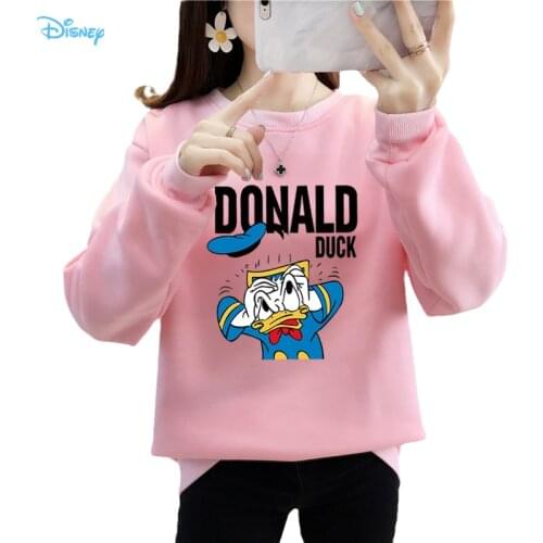 Ladies Disney Cartoon Donald Duck Pink White Sweatshirt Autumn Winter 2021 Crewneck Long Sleeve Sweatshirts Woman 90s Aesthetic