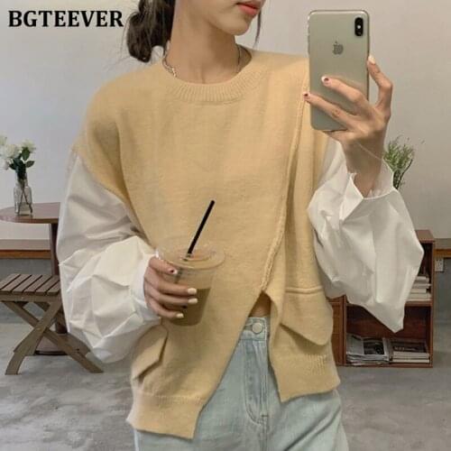 BGTEEVER Casual O-neck Patchwork Women Knitted Sweaters Tops 2021 Autumn Lantern Sleeve Loose Female Split Pullovers Jumpers