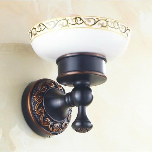 Bathroom Accessory Black Oil Rubbed Brass Carved Art Pattern Ceramic Dish Wall Mounted Bathroom Soap Dish Holder mba471