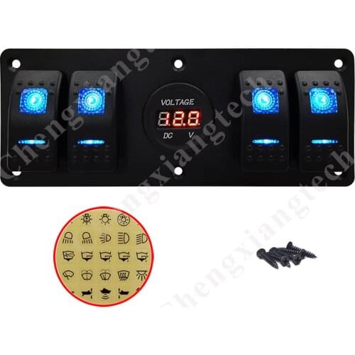 12V - 24V 4 Gang Blue Led Aluminum Rocker Toggle Switch Panel With Voltage Voltmeter Socket