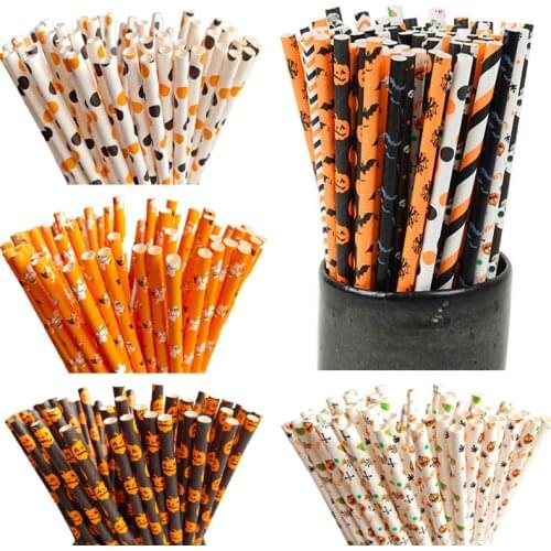 25pcs Halloween Paper Straws Pumpkin Bat Disposable Drinking Straws for Home Bar Halloween Decoration Holiday Party Supplies