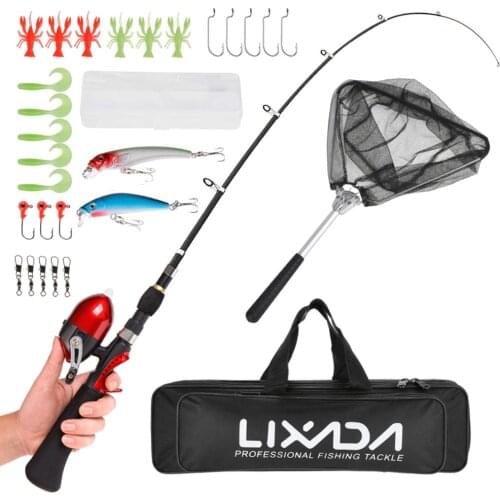 Kids Fishing Rod and Reel Combo Full Kit 1.6m Telescopic Fishing Rod Reel Set with Fish Landing Net Hooks Lures Swivels Bag
