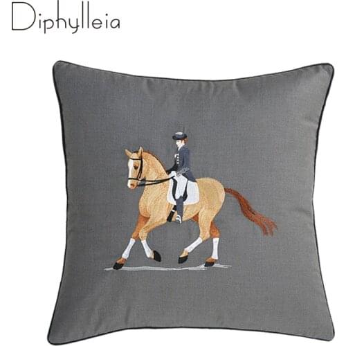 Diphylleia Cushion Cover Mediaeval Vintage Style Horse And Woman Embroidered Deep Gray Sitting Room Pillow Case Chic Home Decor