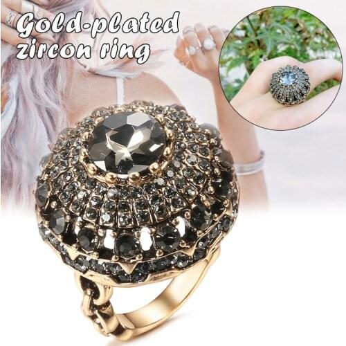 Ethnic Bridal Wedding Ring Retro Gold Color Full Gray Crystal Ball Ring for Women Party Boho Jewelry Gift FS99