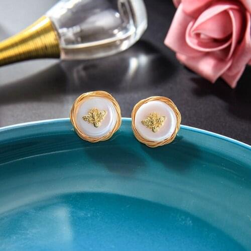 Kissme Cute Insect Stud Earrings For Women Handmade Brass Coil Winding Baroque Fresh Water Pearl Earrings 2021 Fashion Jewelry