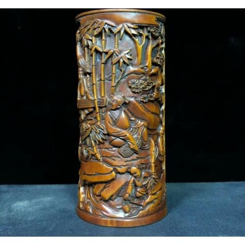 Old Boxwood Collectible Bamboo Forest Seven Sages Japanese Netsuke Brush Pot