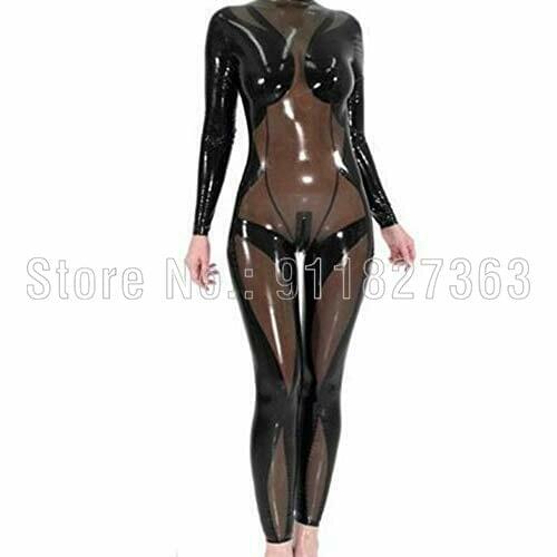 Natural Latex Catsuits Rubber Jumpsuit Bodysuit Transparent Black with Black Club Wear Back Crotch Zipper Customized