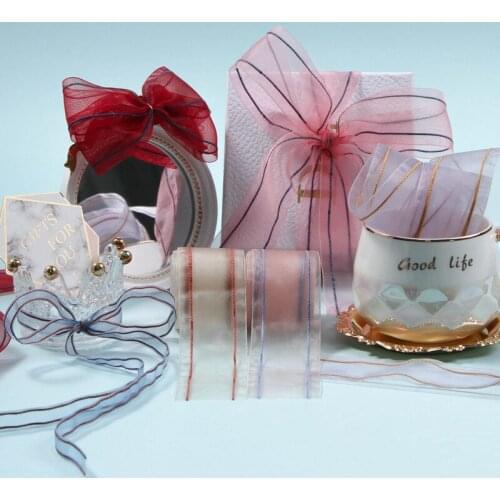 5 yards Double Striped Snow Gauze Ribbon DIY Hair Accessories Bow Material Gift Bouquet Packaging Ribbons Clothing Sewing Trims