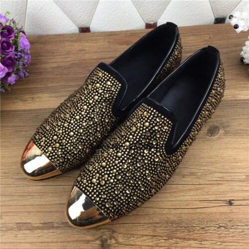 New Gold Toe Rhinestone Handmade Men Loafers Men Fashion Crystal Party Wedding Dress Mens Flats