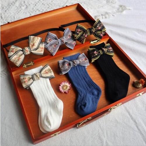 2021 Lovely Kids Sock Headwear Set Baby Floral Bowknot Medium Tube Socks+ Hairband for Girls 6 Months-4 Years