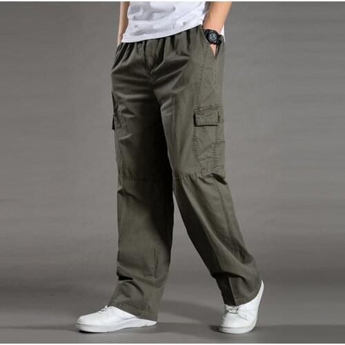 Mens Classic Twill Relaxed Fit Cargo Pant Cotton Long elastic band Pants high rise Loose Casual Trousers Plus size for Summer