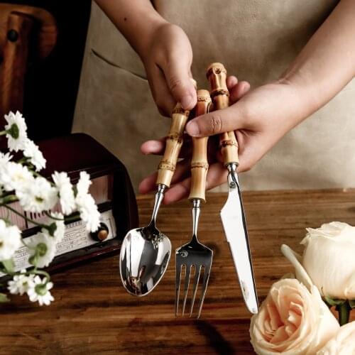 20/5Pcs Nature Bamboo Cutlery Set 304 Stainless Steel Steak Knife Tableware Cutlery set Spoon and Fork Dinnereware Set