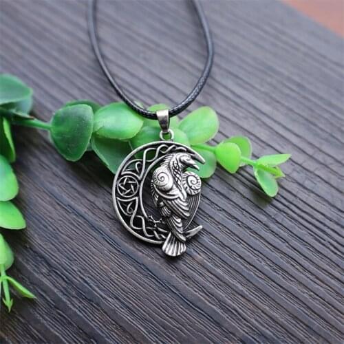 Crescent Moon Viking Crow Pendant Necklace With Card Odins Raven Withcraft Jewelry