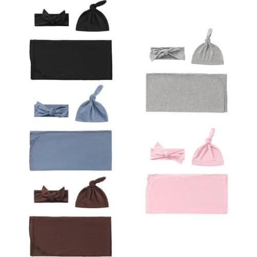 3 Pcs Newborn Swaddling Wrap + Headband + Hat Set Baby Receiving Blanket Sleepsack Hair Band Cap for Baby Infants