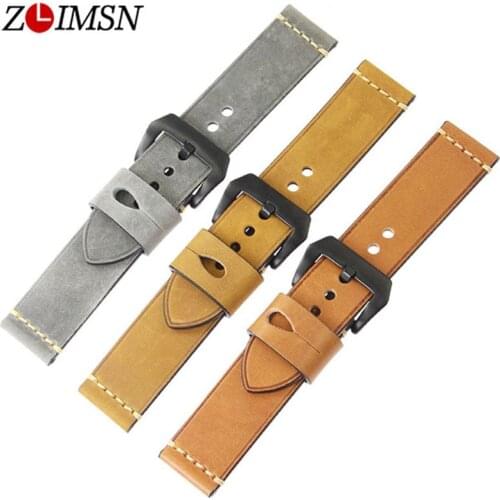 ZLIMSN New Mens Genuine Leather Watchbands Suitable for Universal Strap 22mm 24mm Watch Band Stainless Steel Pin Buckle Brushed