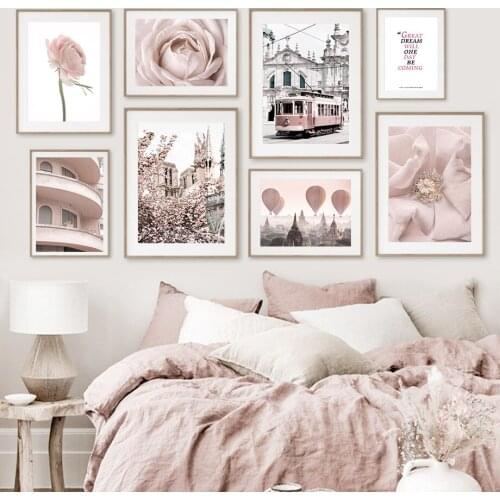 Self-adhesive Wall Sticker Peony Rose Building Tram Wall Art Painting Nordic Posters Prints Wall Pictures Living Room Decor