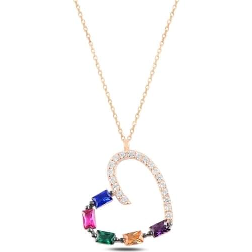 Silver 925 Sterling Heart Colored Baguette Zircon Cubic Zirconia Necklace