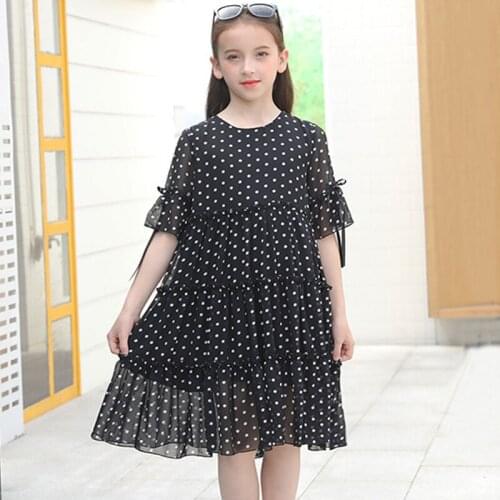 Girls dot chiffon dress summer 2020 kids clothes little girls dresses big girl elegant black princess dress for children vestido