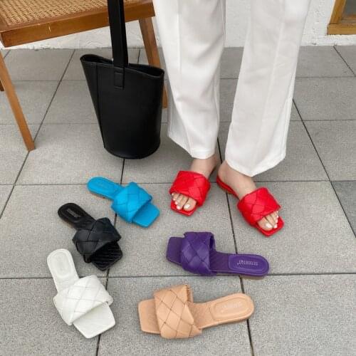 2020 Newest Women Slides Square Toe Weave Flat Slippers Brand Designer Summer Outdoor Slipper Women Beach Sandals