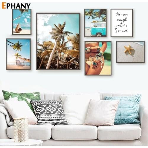 Beach Ocean Coconut Island Wall Art Scandinavian Woman Canvas Painting Nordic Posters and Prints Pictures Modern Home Decor